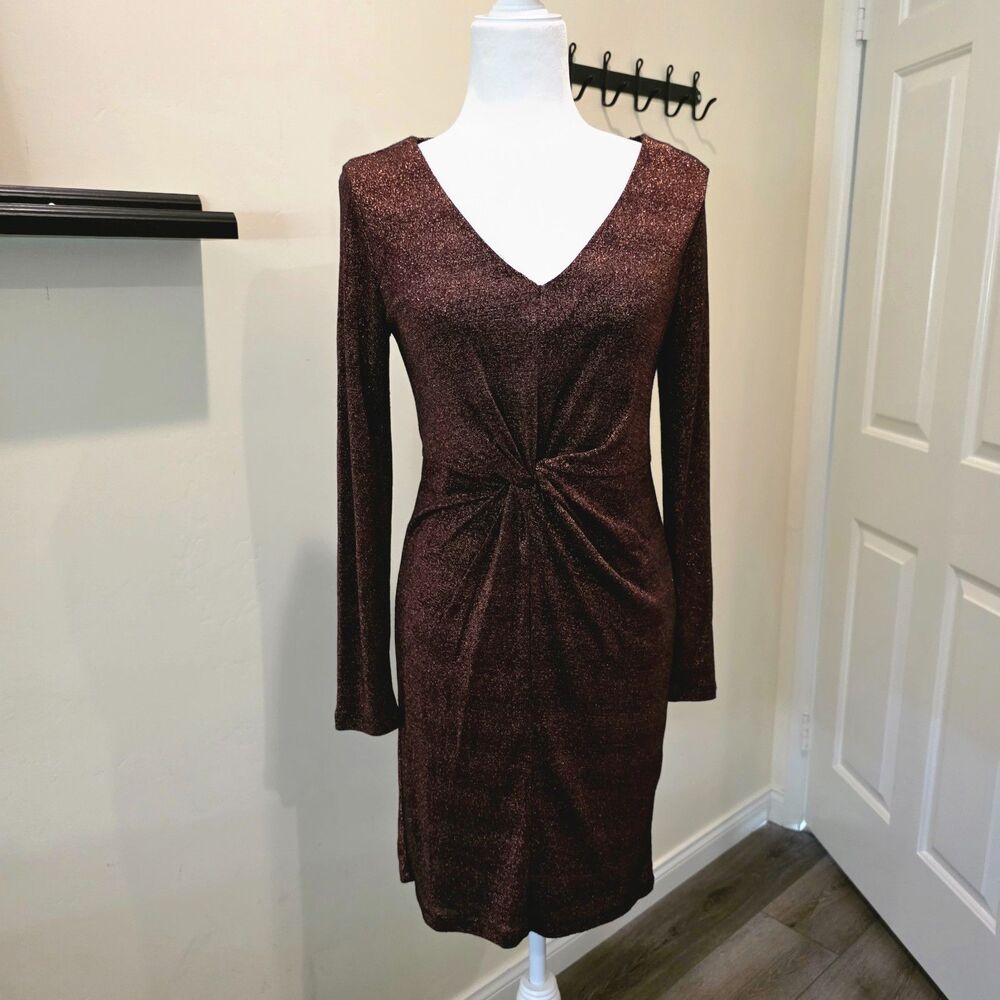 Jennifer Lopez Bodycon Dress Women's M Metallic Bronze Stretch Twisted tie waist
